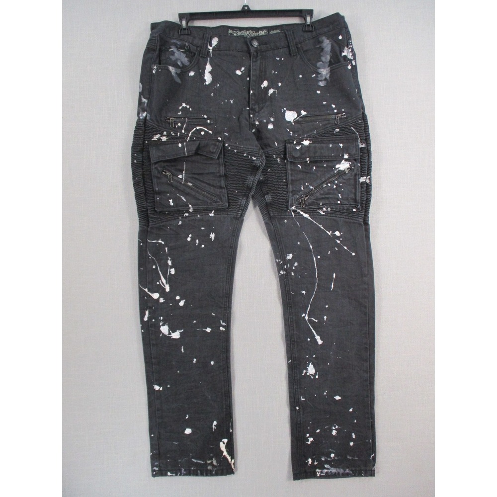 Heritage America 1776 Mens Black Paint Splatter Moto Cargo Jeans W40 L34